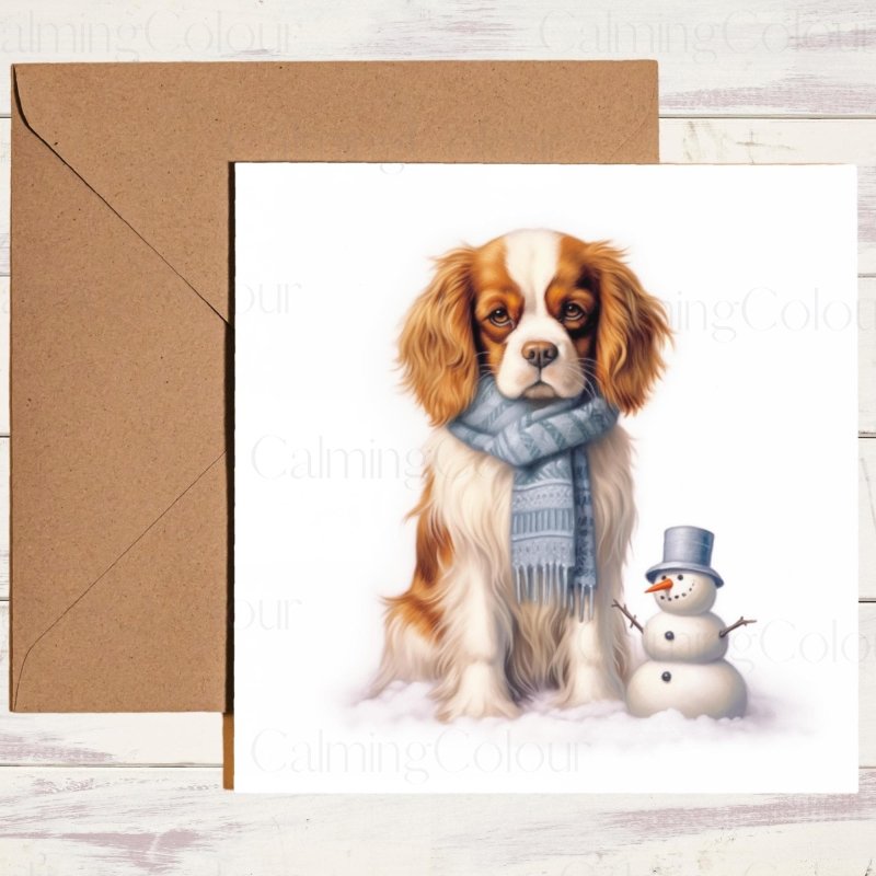 Cavalier King Charles Spaniel by Snowman | Christmas Card | Christmas Card
