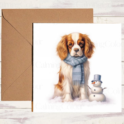 Cavalier King Charles Spaniel by Snowman | Christmas Card | Christmas Card