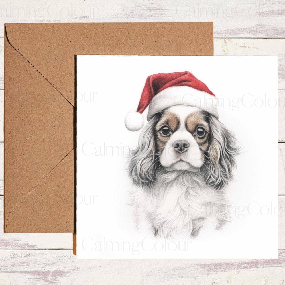 Cavalier King Charles Spaniel wearing Red Santa Hat | Christmas Card | Christmas Card