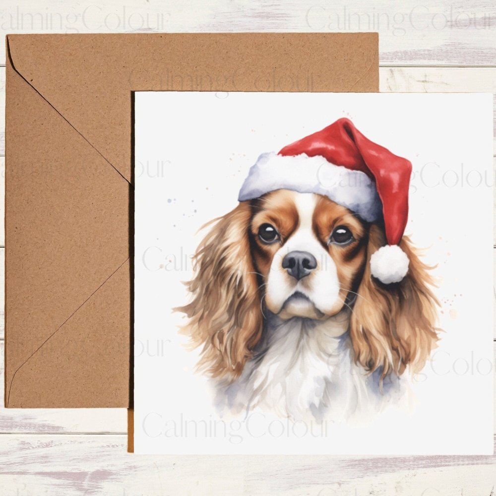 Cavalier King Charles Spaniel wearing Red Santa Hat | Christmas Card | Calming Colour