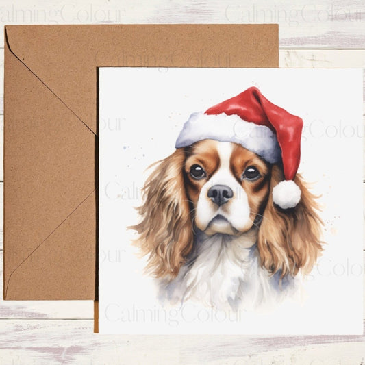 Cavalier King Charles Spaniel wearing Red Santa Hat | Christmas Card | Christmas Card