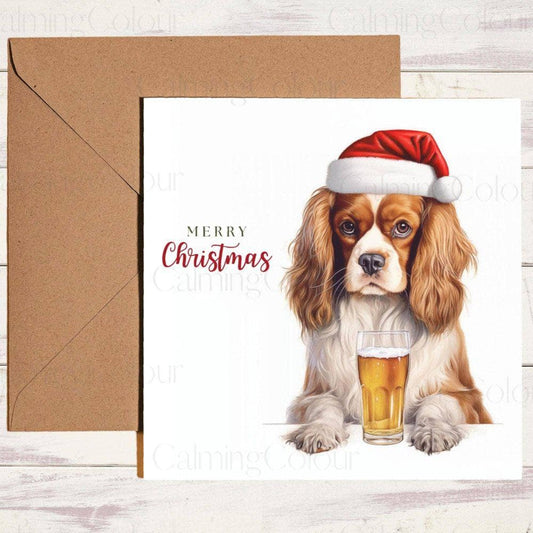 Cavalier King Charles Spaniel wearing Red Santa Hat with a Pint | Christmas Card | Christmas Card