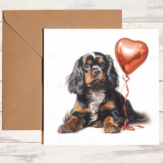 Cavalier King Charles Spaniel with Red Balloon | Valentine's Card | With Love | Calming Colour