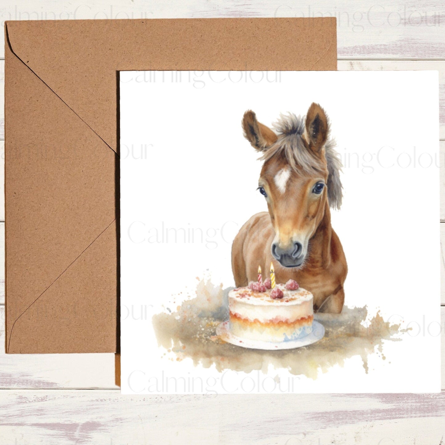 Chestnut Foal with Cake | Greeting Card | Single Card | | Calming Colour