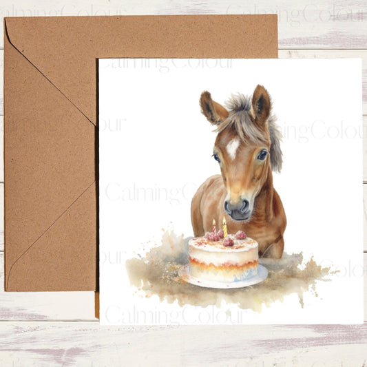 Chestnut Foal with Cake | Greeting Card | Single Card | | Calming Colour