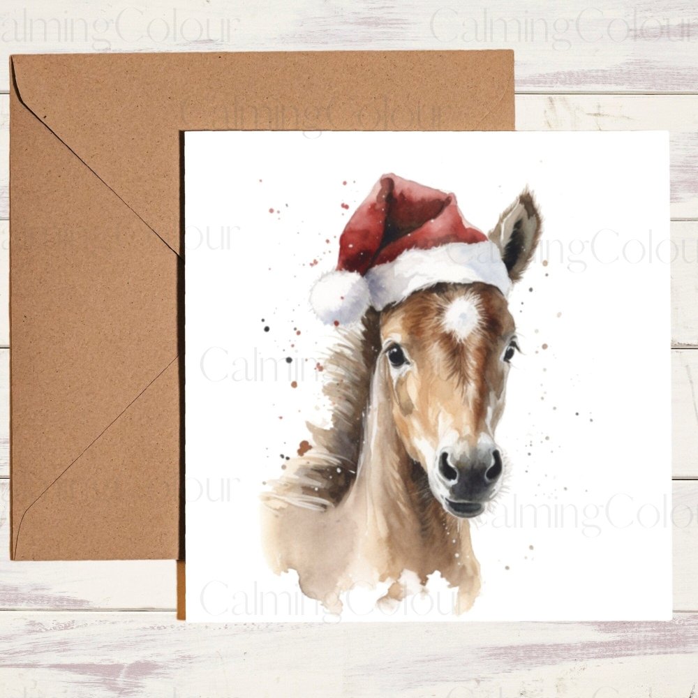 Chestnut Foal wearing Red Santa Hat | Christmas Card | Calming Colour