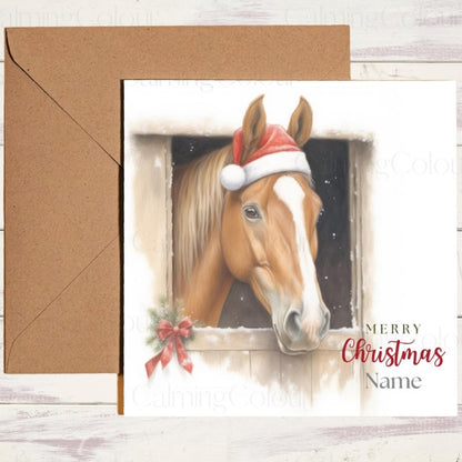 Chestnut Horse in Stable with Santa Hat | Christmas Card | Christmas Card