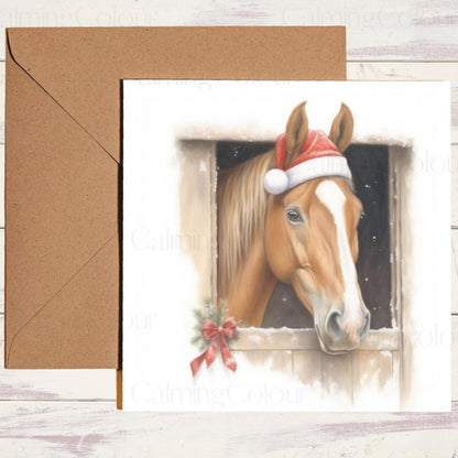 Chestnut Horse in Stable with Santa Hat | Christmas Card | Christmas Card