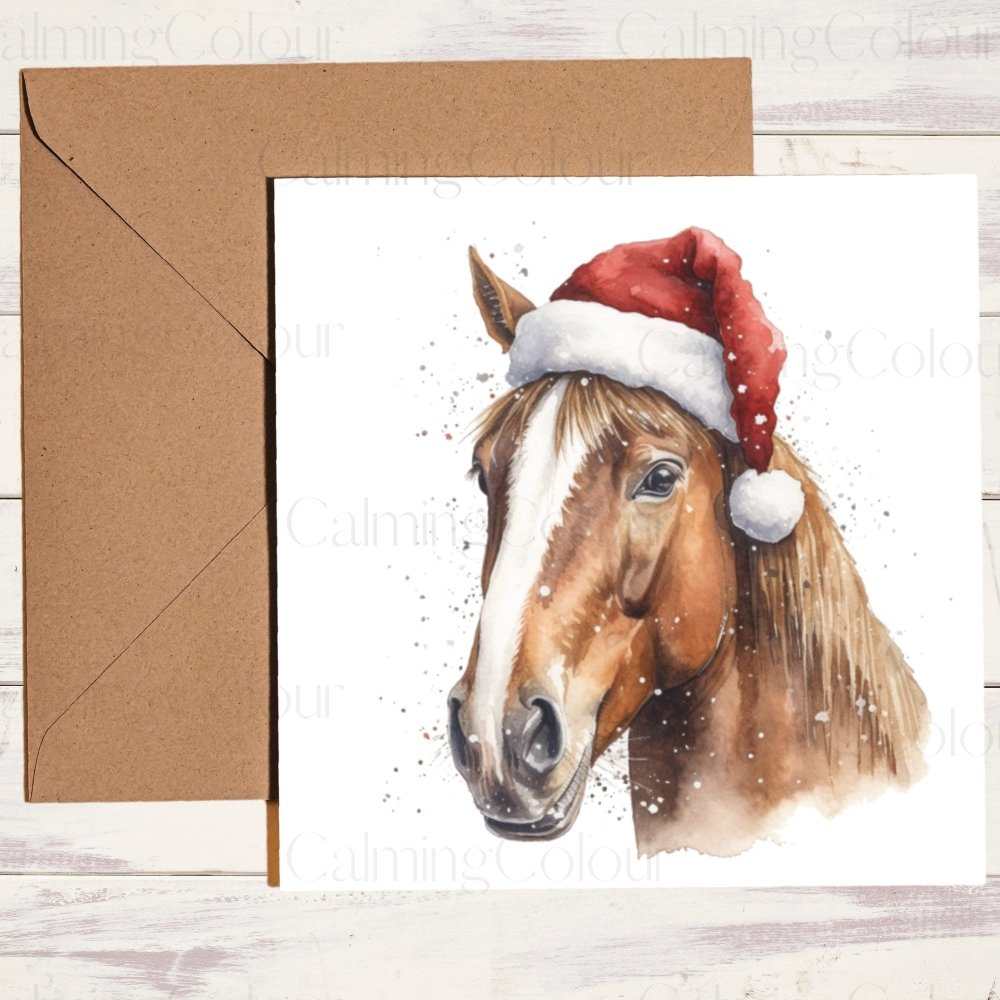 Chestnut Horse wearing Red Santa Hat | Christmas Card | Calming Colour