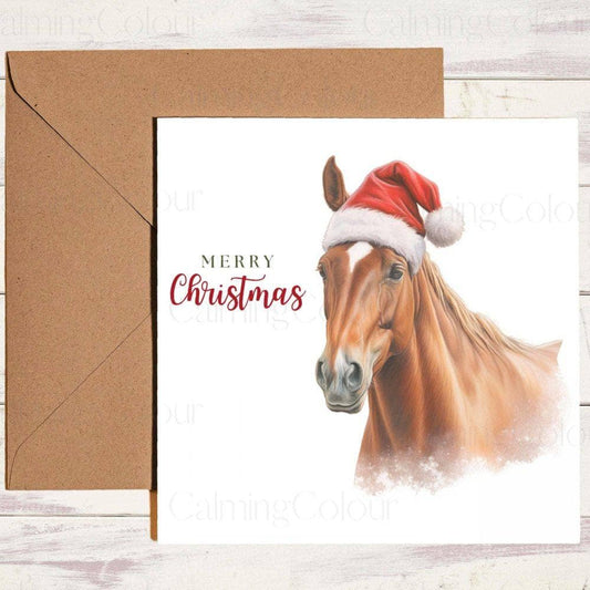 Chestnut Horse with a Red Santa Hat | Christmas Card | Christmas Card