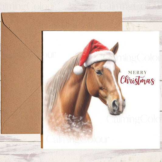 Chestnut Horse with Red Santa Hat | Christmas Card | Christmas Card