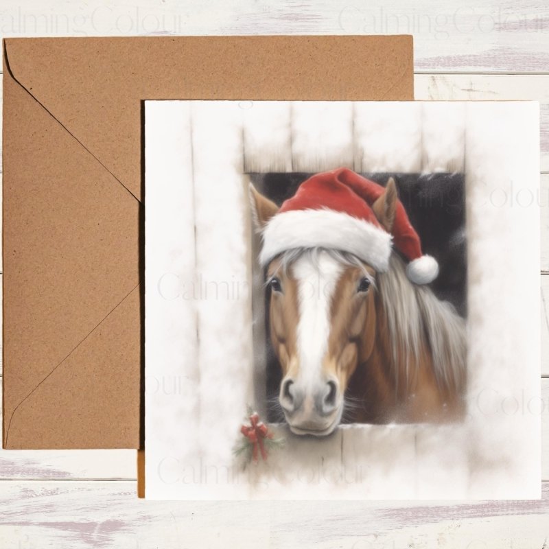 Chestnut Horse with Santa Hat | Christmas Card | Christmas Card