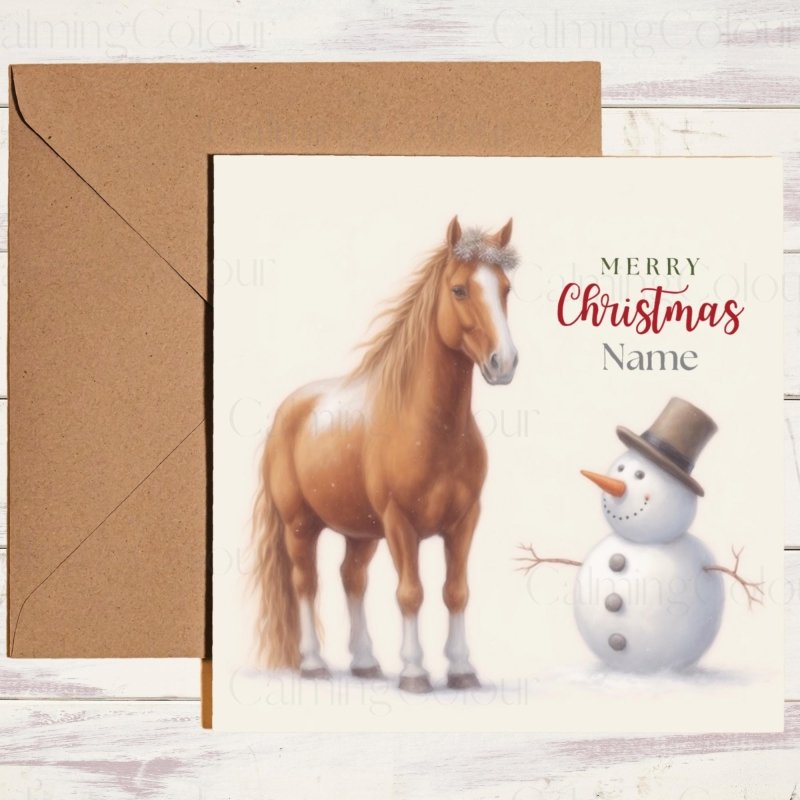 Chestnut Horse with Snowman | Christmas Card | Christmas Card