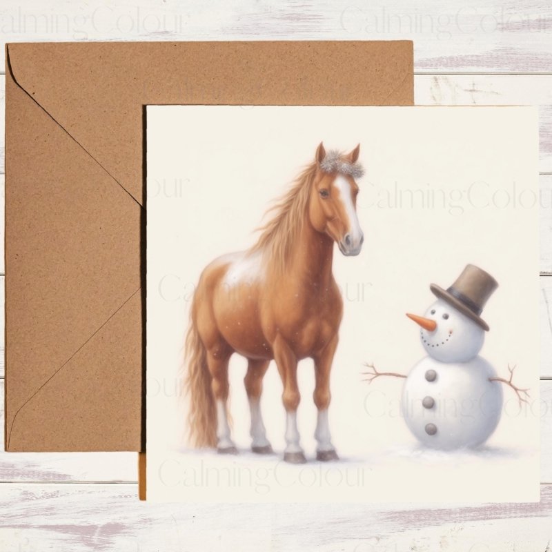 Chestnut Horse with Snowman | Christmas Card | Christmas Card