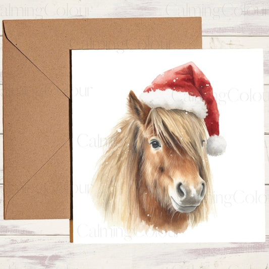 Chestnut Shetland Pony wearing Red Santa Hat | Christmas Card | Calming Colour