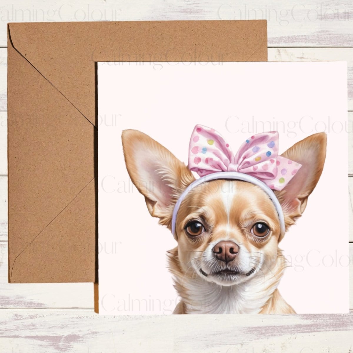 Chihuahua wearing Pink Headband | Greeting Card | Calming Colour