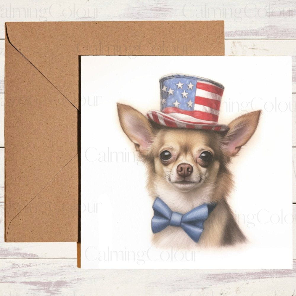 Chihuahua Smiling | Wearing 4th July Top Hat | Greeting Card | Calming Colour