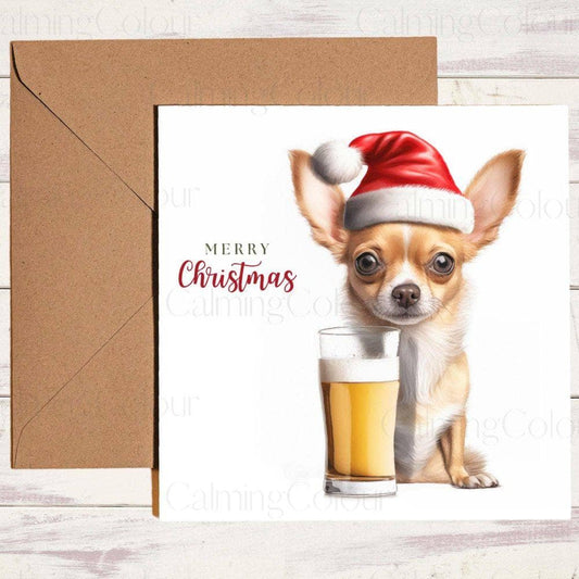 Chihuahua wearing Red Santa Hat with a Pint | Christmas Card | Calming Colour