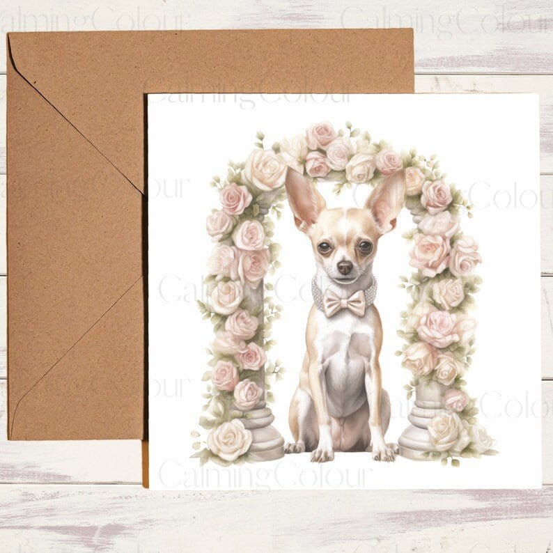 Chihuahua with Floral Archway | Wedding Card | Calming Colour