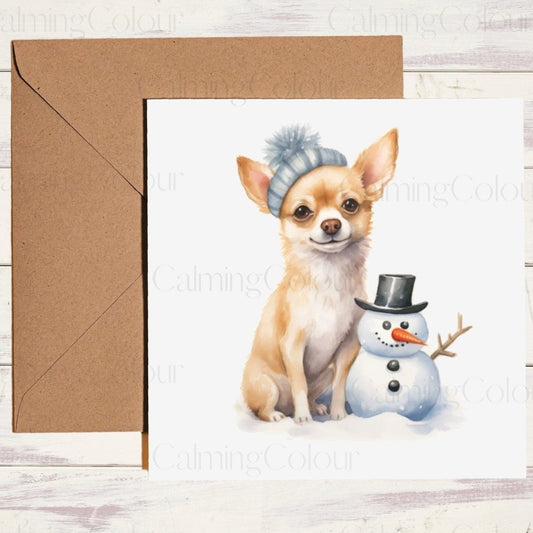 Chihuahua with Adorable Mini Snowman | Christmas Card | Calming Colour