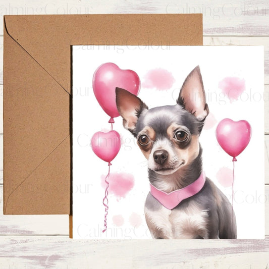 Chihuahua with Pink Balloons | Single Card | Calming Colour