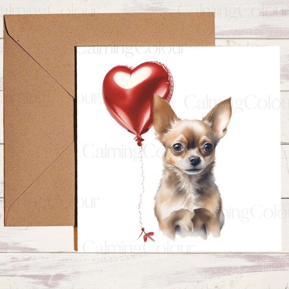 Chihuahua with Red Balloon | Greeting Card | Calming Colour