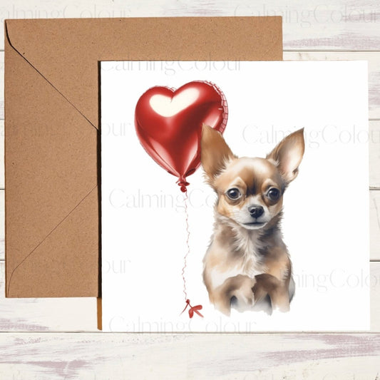 Chihuahua with Red Balloon | Greeting Card | Calming Colour