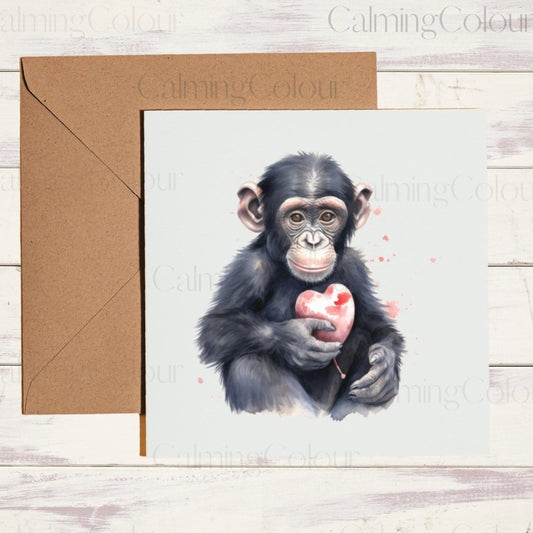 Chimpanzee with Love Heart | Greeting Card | Calming Colour