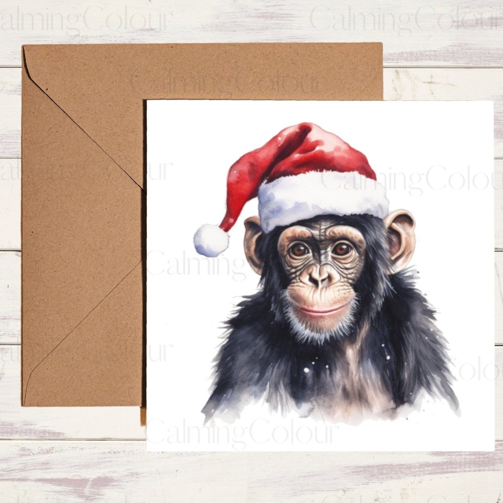 Chimpanzee wearing Red Santa Hat | Christmas Card | Calming Colour