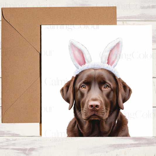 Chocolate Labrador with Easter Bunny Ears| Easter Card | Calming Colour