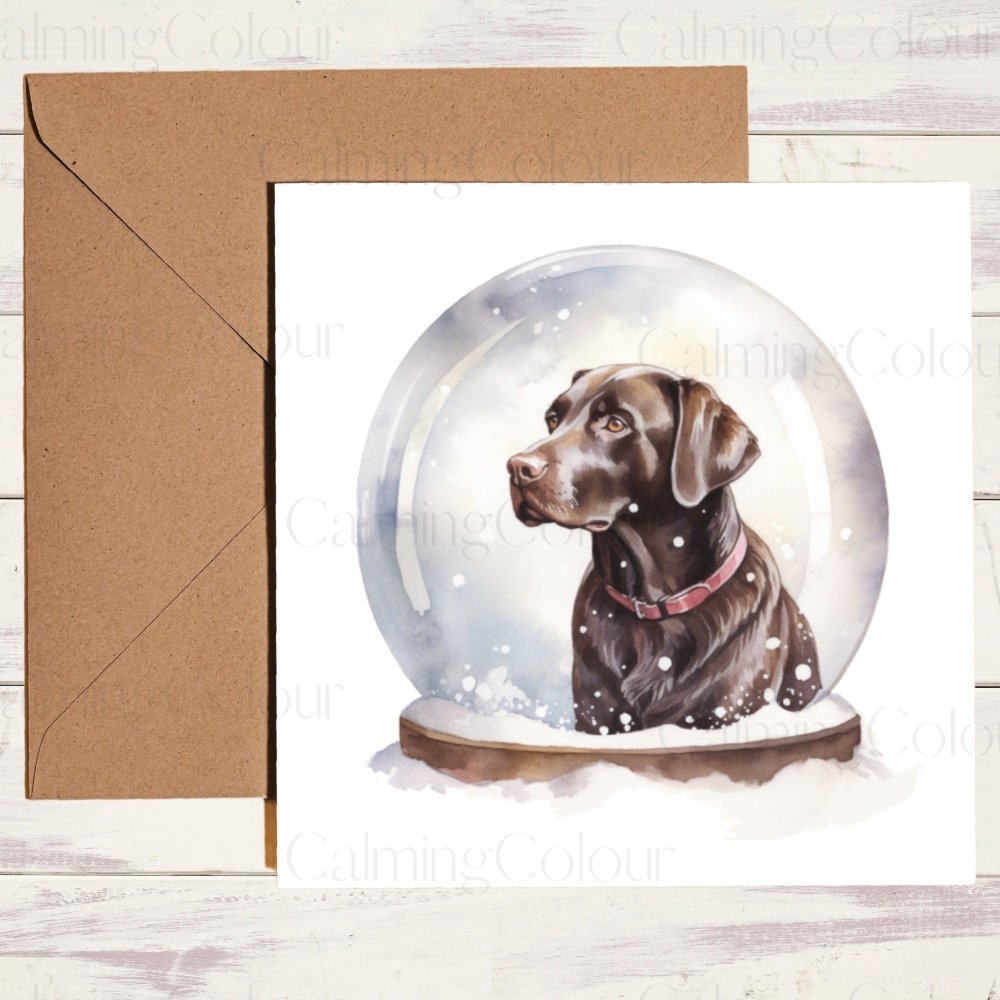 Chocolate Labrador in a Snow Globe | Christmas Card | Calming Colour