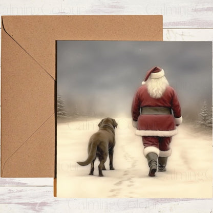 Chocolate Labrador Walking with Santa Christmas Card | Christmas Card