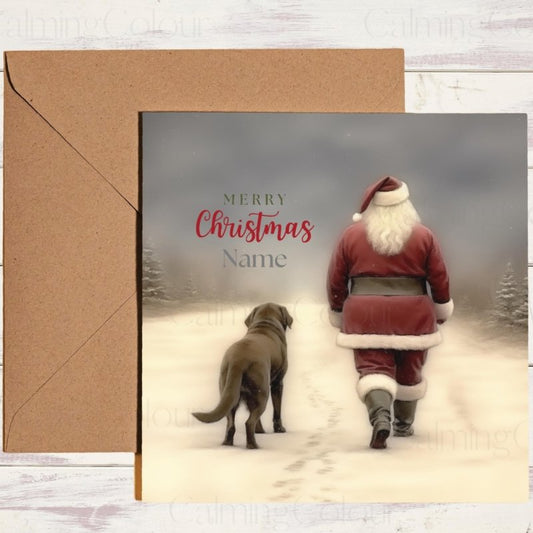 Personalised Chocolate Labrador Christmas card walking with Santa and name