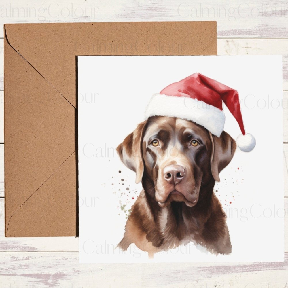 Chocolate Labrador wearing Red Santa Hat | Christmas Card | Calming Colour