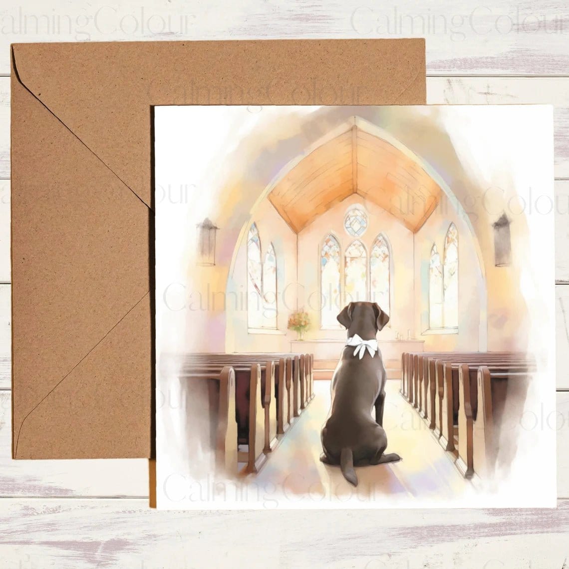 Chocolate Labrador in Church | Wedding Card | Calming Colour