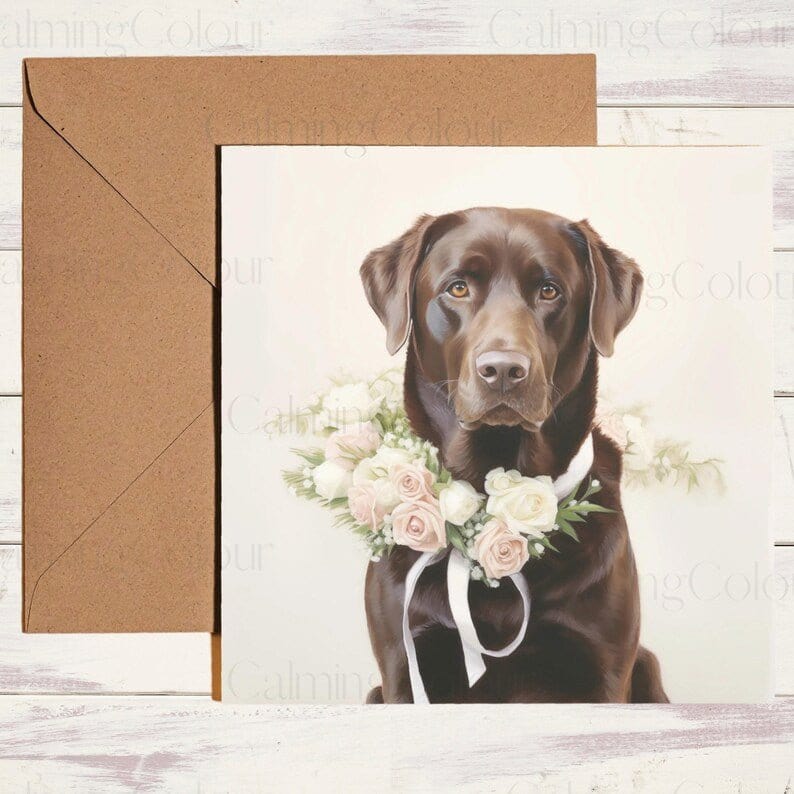 Chocolate Labrador wearing Floral Collar | Wedding Card | Calming Colour