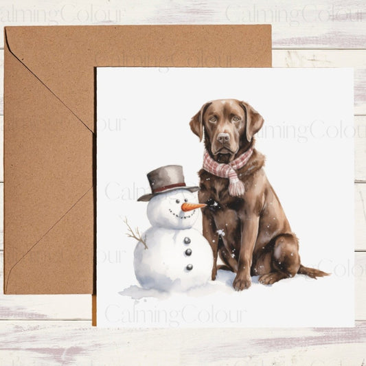 Chocolate Labrador with a Mini Snowman | Christmas Card | Christmas Card