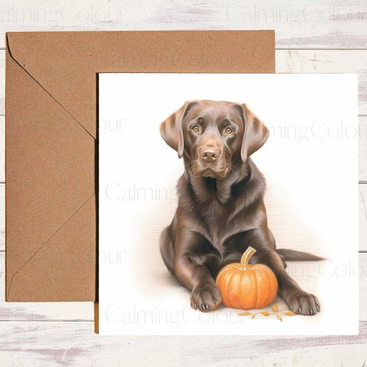 Chocolate Labrador with a Pumpkin | Birthday Card | Halloween | Calming Colour