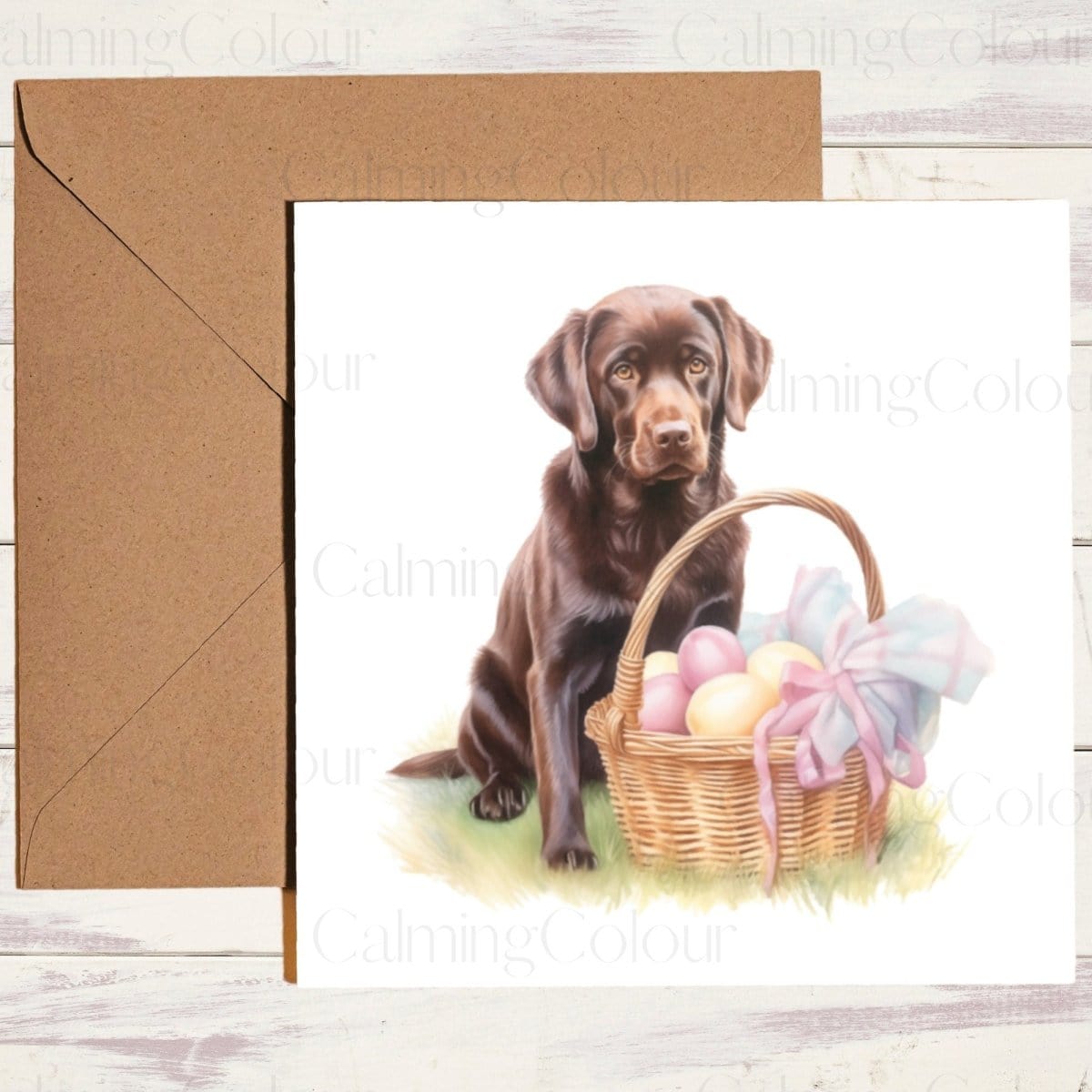 Chocolate Labrador with Easter Basket | Easter Card | Calming Colour