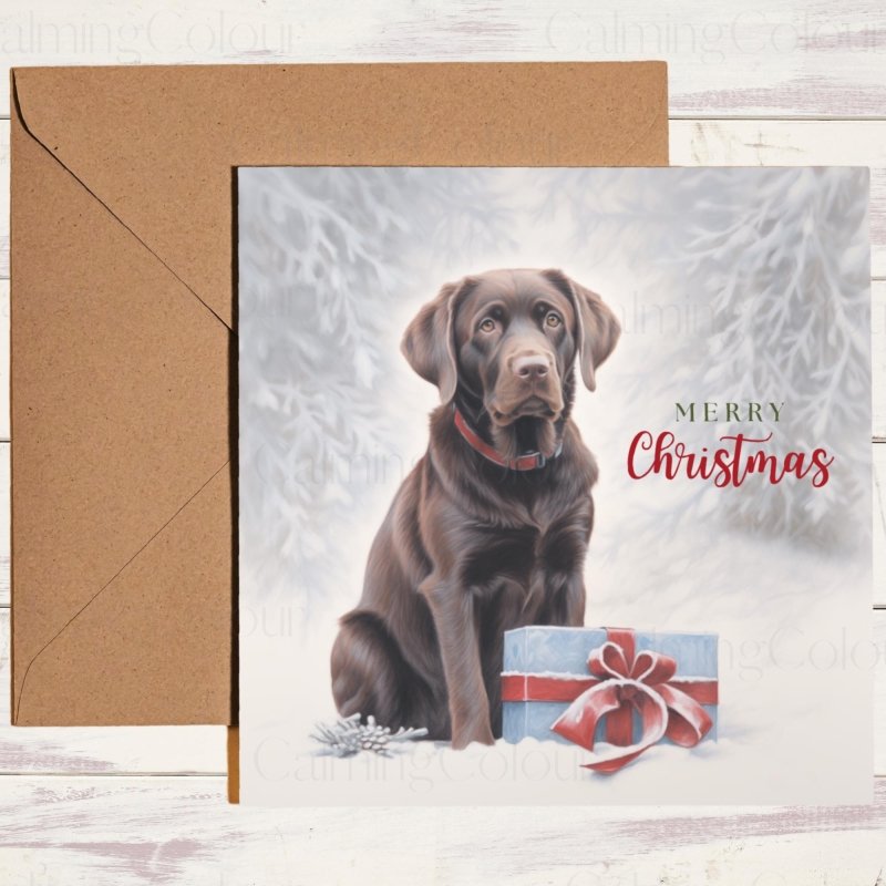 Chocolate Labrador with Gift | Christmas Greeting Card | Christmas Card
