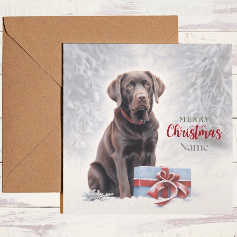 Chocolate Labrador with Gift | Christmas Greeting Card | Christmas Card