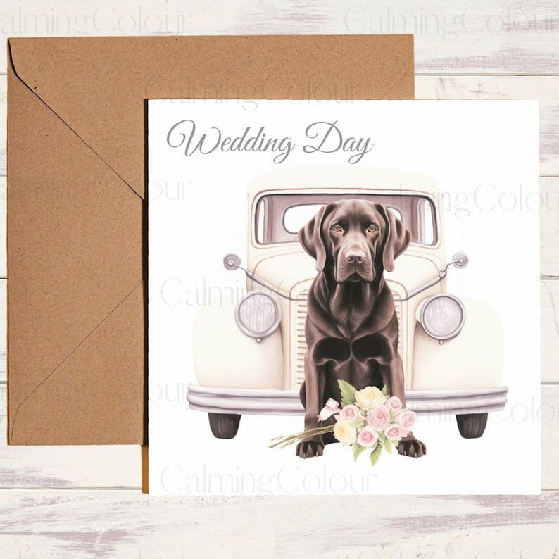 Chocolate Labrador with Wedding Car | Wedding Card | Calming Colour