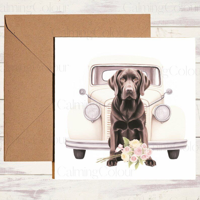 Chocolate Labrador with Wedding Car | Wedding Card | Calming Colour