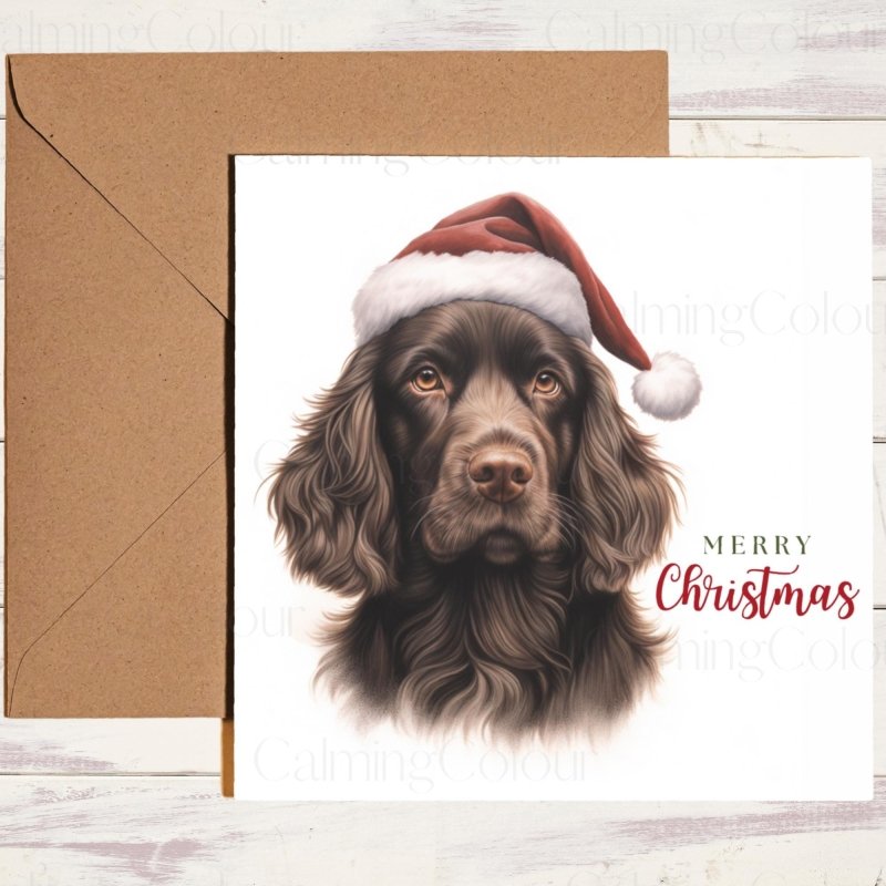 Chocolate Sprocker Spaniel in Santa Hat | Christmas Card | Christmas Card
