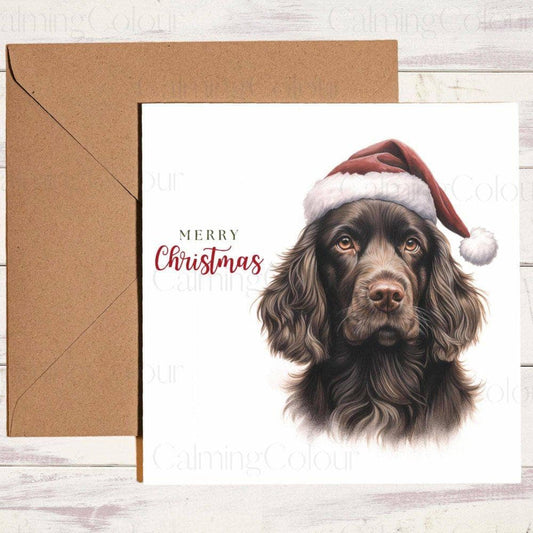 Chocolate Sprocker Spaniel wearing Red Santa Hat | Christmas Card | Christmas Card