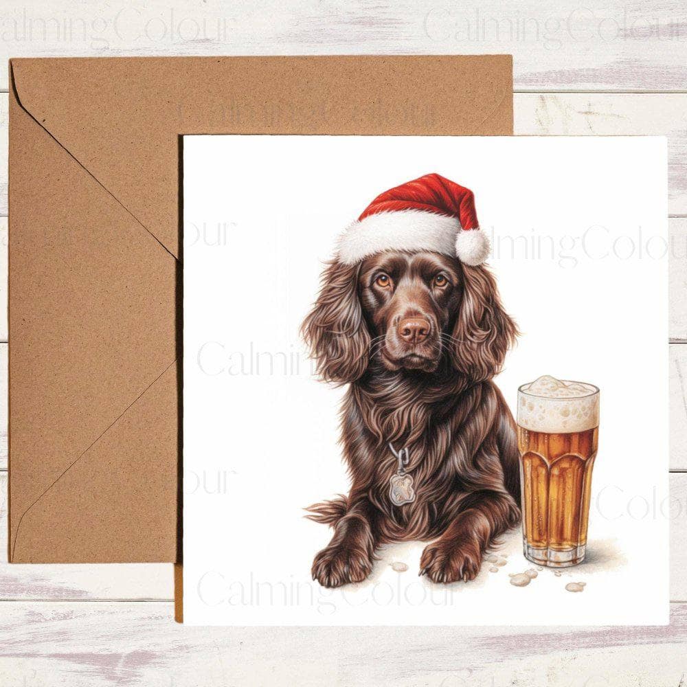 Chocolate Sprocker Spaniel with a Festive Pint | Christmas Card | Christmas Card