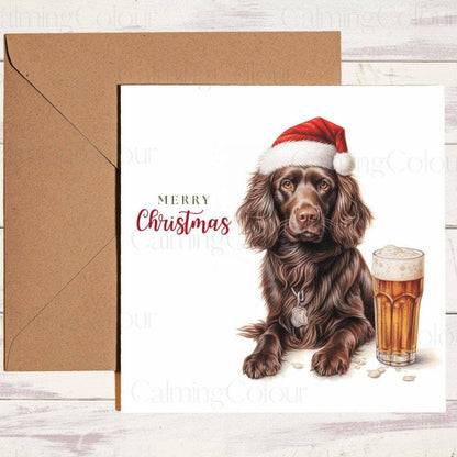 Chocolate Sprocker Spaniel with a Festive Pint | Christmas Card | Christmas Card