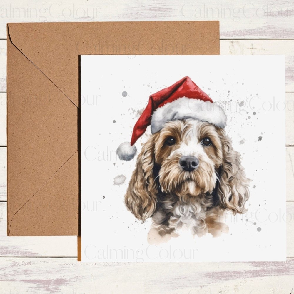 Cockapoo wearing Red Santa Hat | Christmas Card | Calming Colour