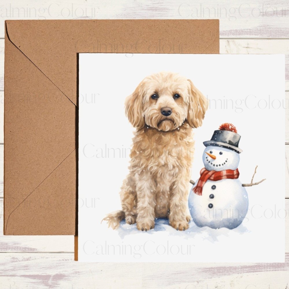 Cockapoo with Adorable Mini Snowman | Christmas Card | Calming Colour