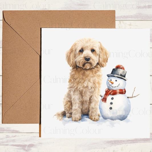 Cockapoo with Adorable Mini Snowman | Christmas Card | Calming Colour